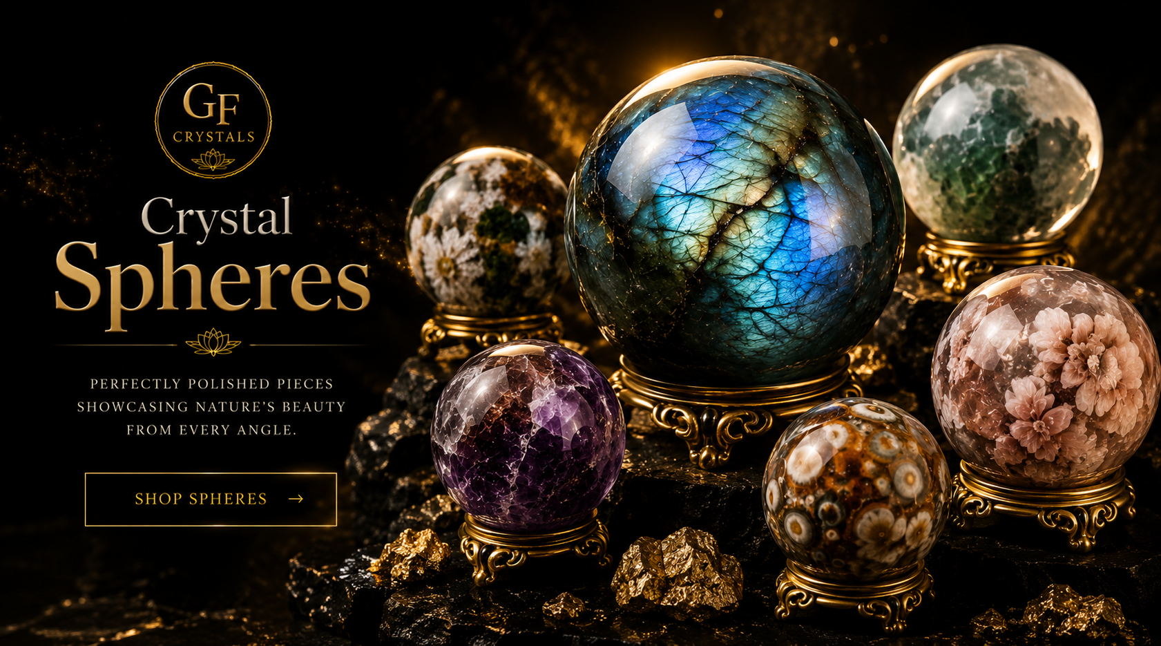     Premium natural crystal spheres including labradorite, jasper, agate, and gemstone spheres from GF Crystals.