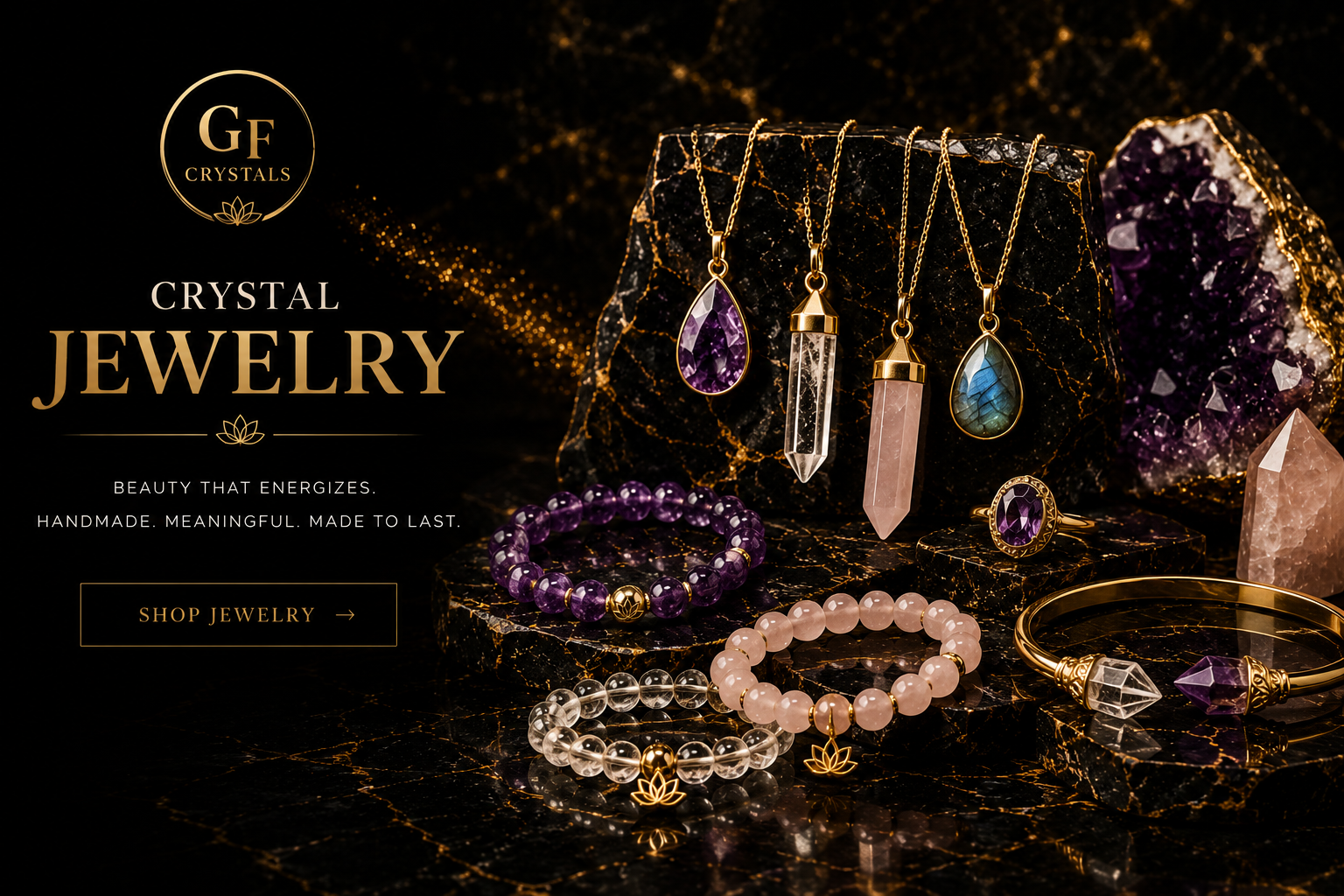 Crystal jewelry including gemstone bracelets, pendants and necklaces handcrafted with natural crystals