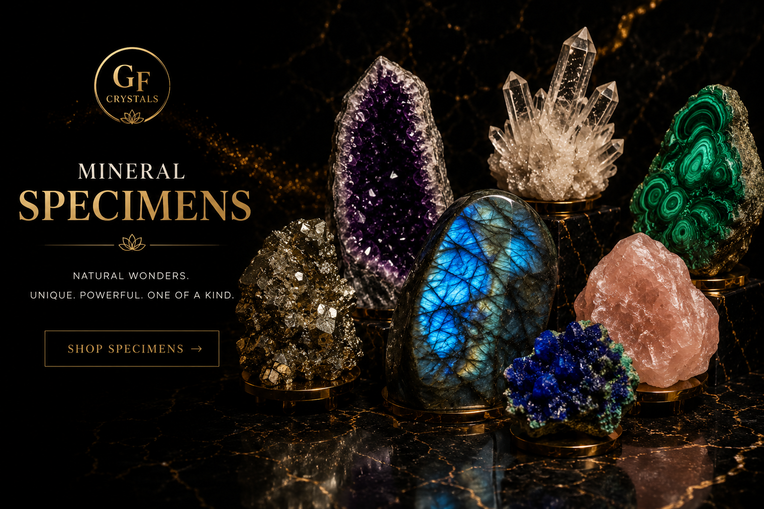 Rare mineral specimens including amethyst, pyrite, malachite, quartz clusters and labradorite from GF Crystals